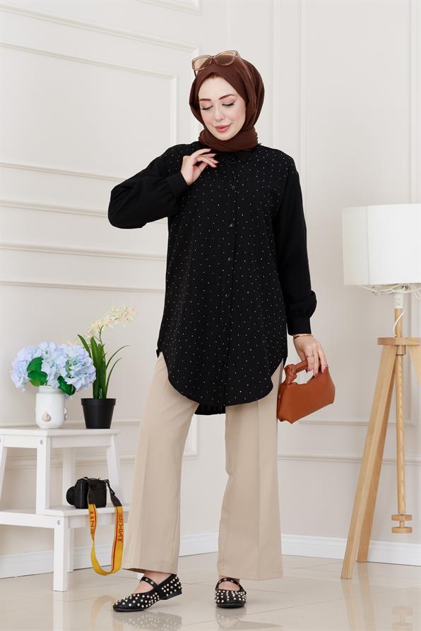 Göğüsü Taş Detaylı Oversize Tunik-Siyah