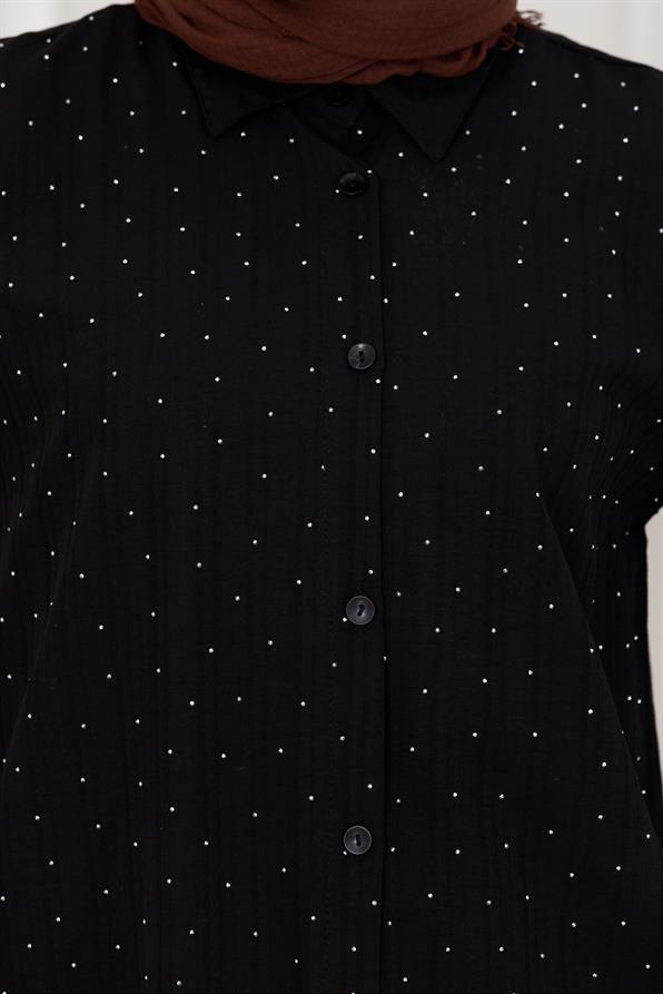 Göğüsü Taş Detaylı Oversize Tunik-Siyah