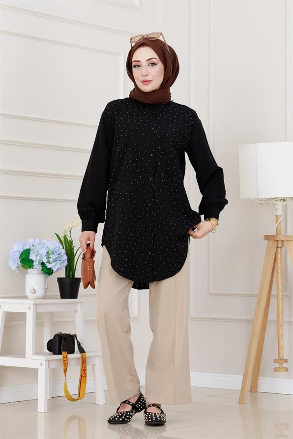 Göğüsü Taş Detaylı Oversize Tunik-Siyah