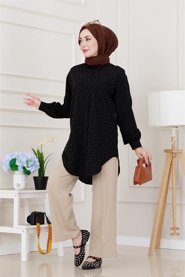 Göğüsü Taş Detaylı Oversize Tunik-Siyah
