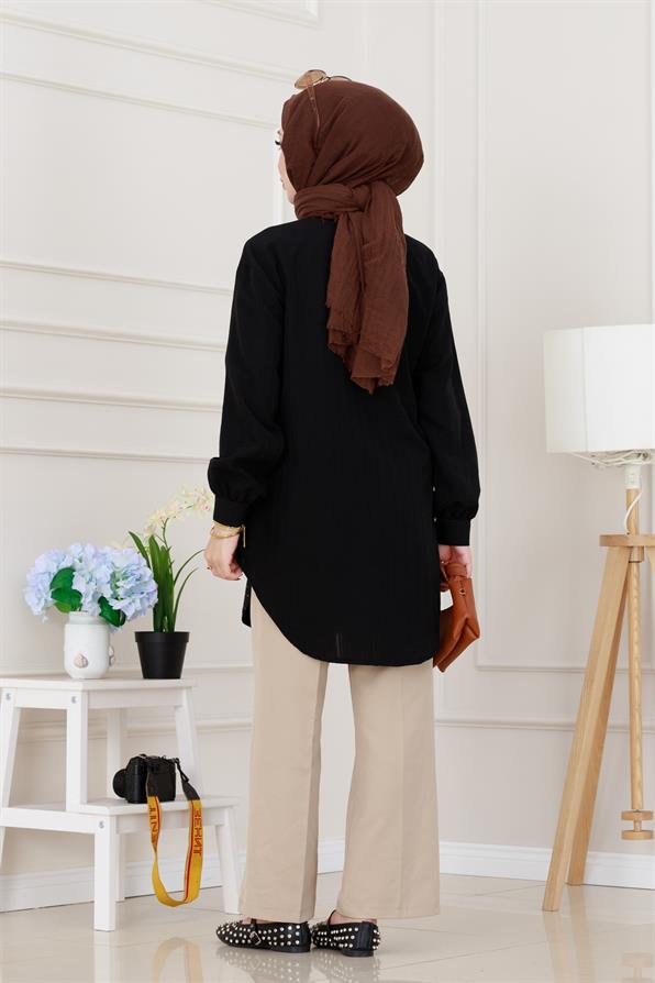 Göğüsü Taş Detaylı Oversize Tunik-Siyah