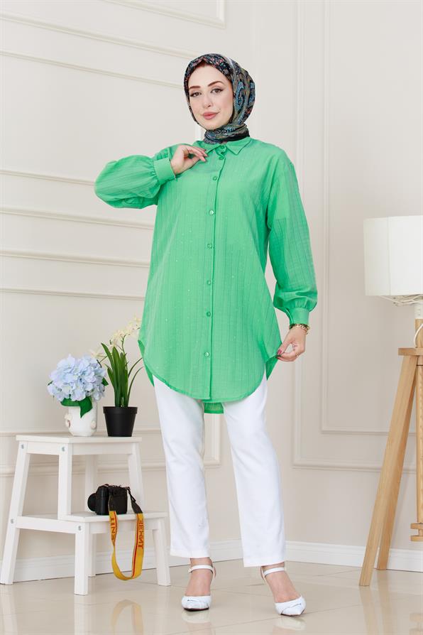 Göğüsü Taş Detaylı Oversize Tunik-Su Yeşili