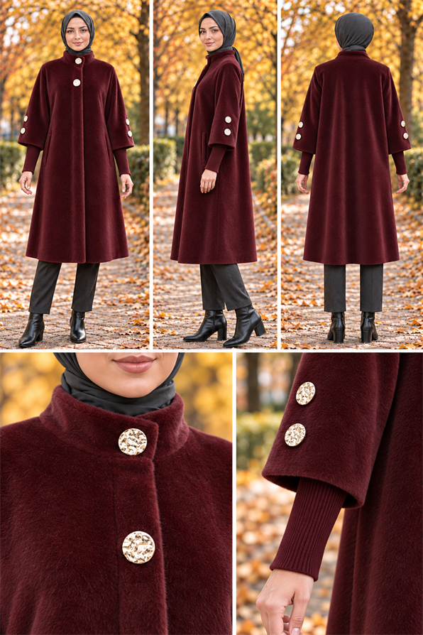 GOLD DÜĞMELİ UZUN KABAN-BORDO
