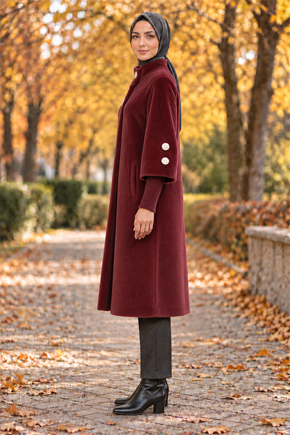 GOLD DÜĞMELİ UZUN KABAN-BORDO