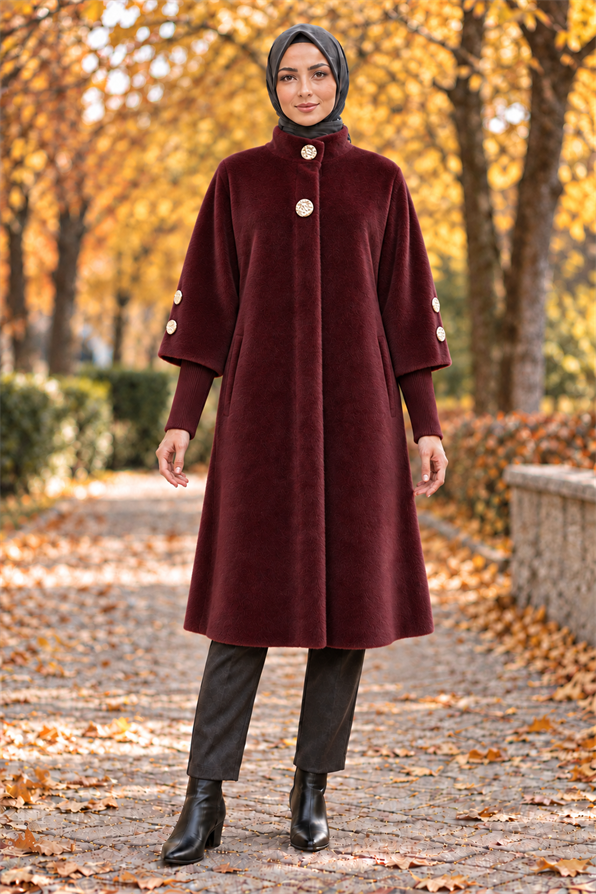 GOLD DÜĞMELİ UZUN KABAN-BORDO
