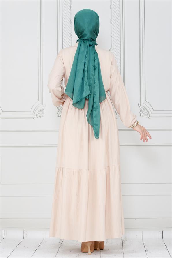 فستان  برقبة قميص وحزام نفق -  لون بيج