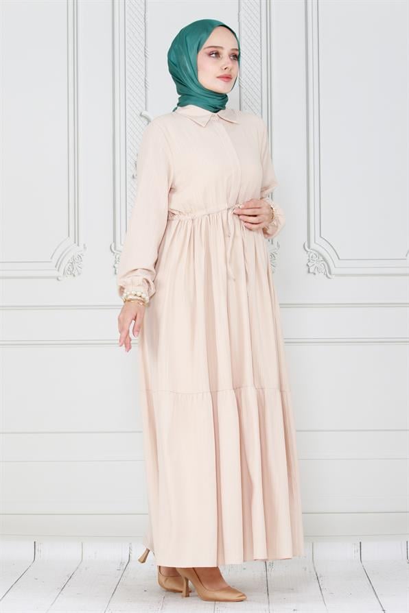 فستان  برقبة قميص وحزام نفق -  لون بيج