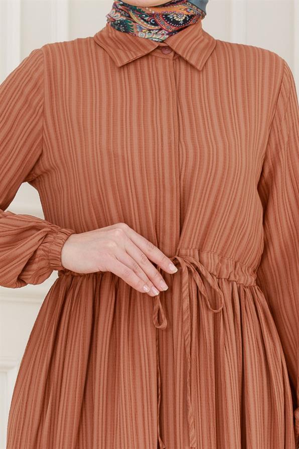 Gömlek Yaka Beli Tünelli Sare Elbise-Kiremit