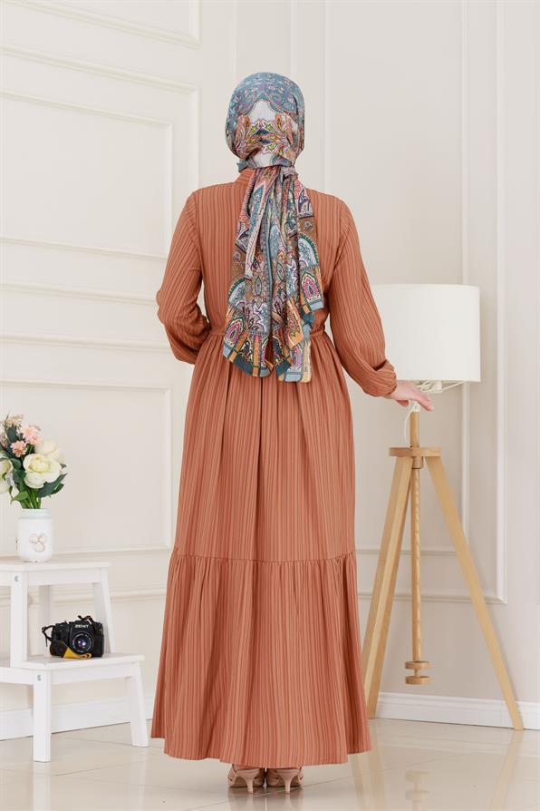 Gömlek Yaka Beli Tünelli Sare Elbise-Kiremit