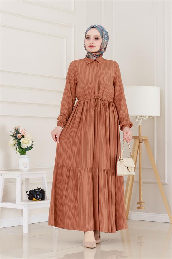 Gömlek Yaka Beli Tünelli Sare Elbise-Kiremit