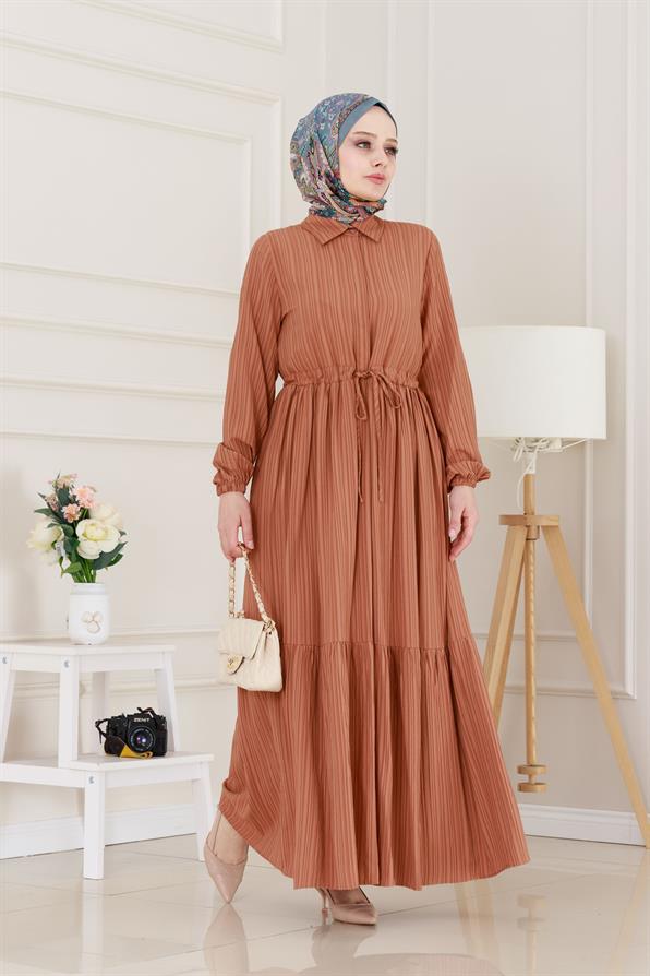 Gömlek Yaka Beli Tünelli Sare Elbise-Kiremit