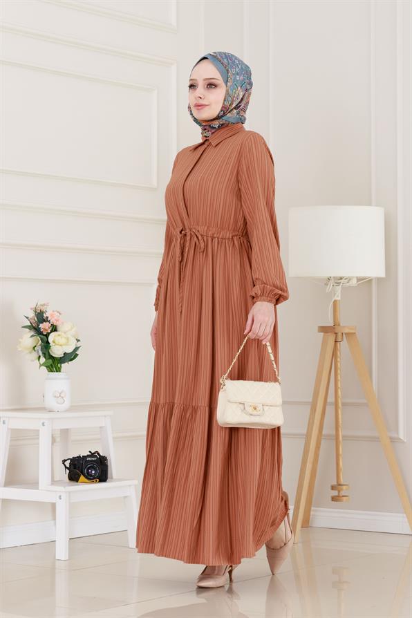 Gömlek Yaka Beli Tünelli Sare Elbise-Kiremit