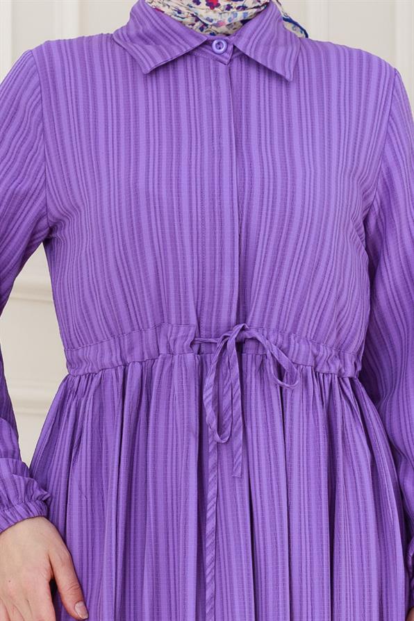 Gömlek Yaka Beli Tünelli Sare Elbise-Mor