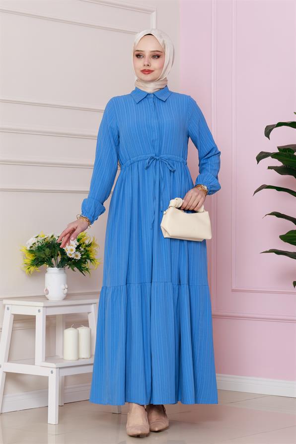 فستان بحزام على الخصر - لون أزرق