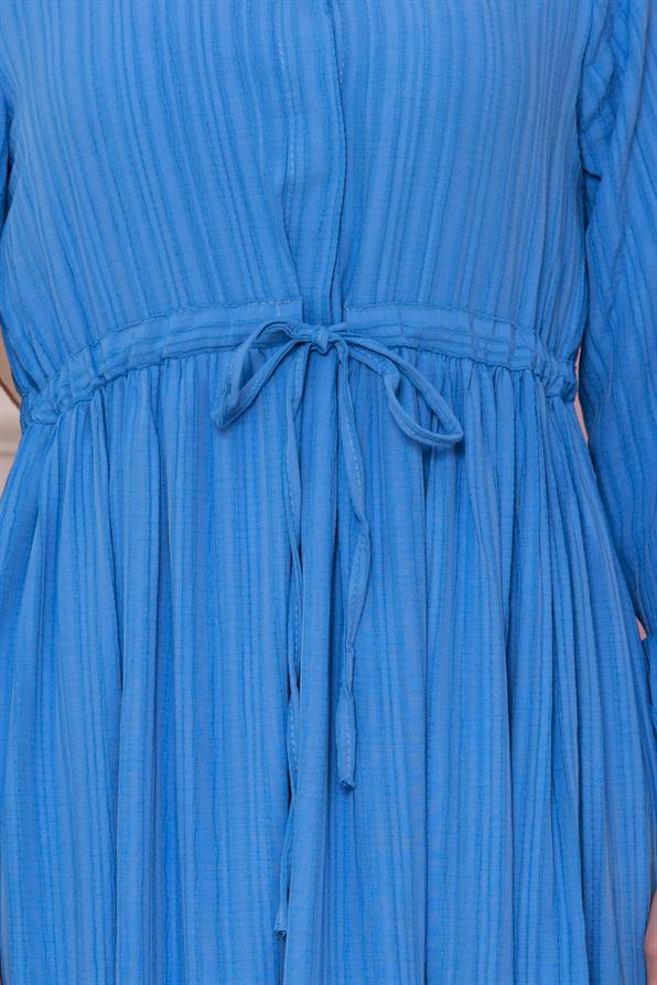 فستان بحزام على الخصر - لون أزرق