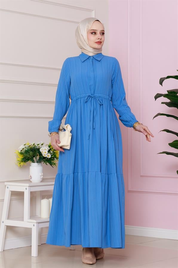 فستان بحزام على الخصر - لون أزرق
