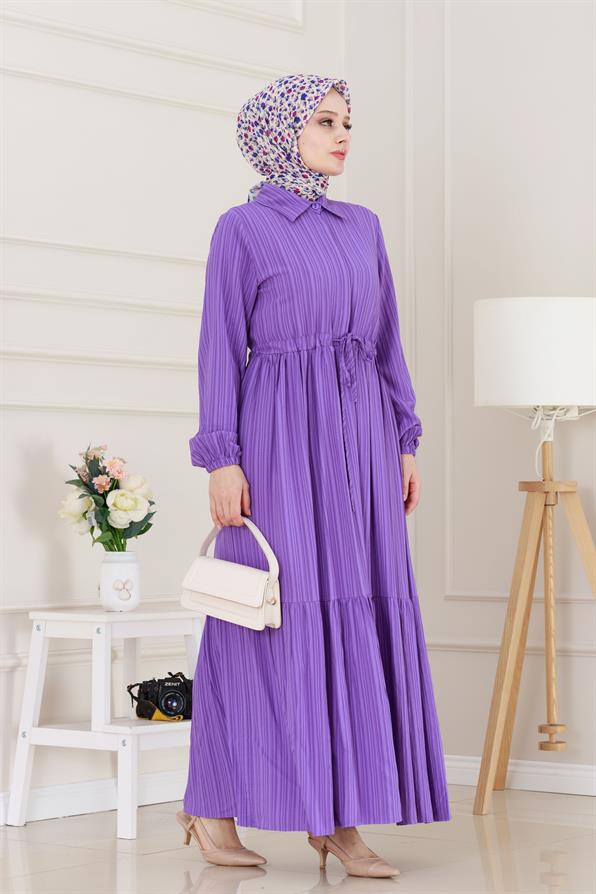 Gömlek Yaka Beli Tünelli Sare Elbise-Mor