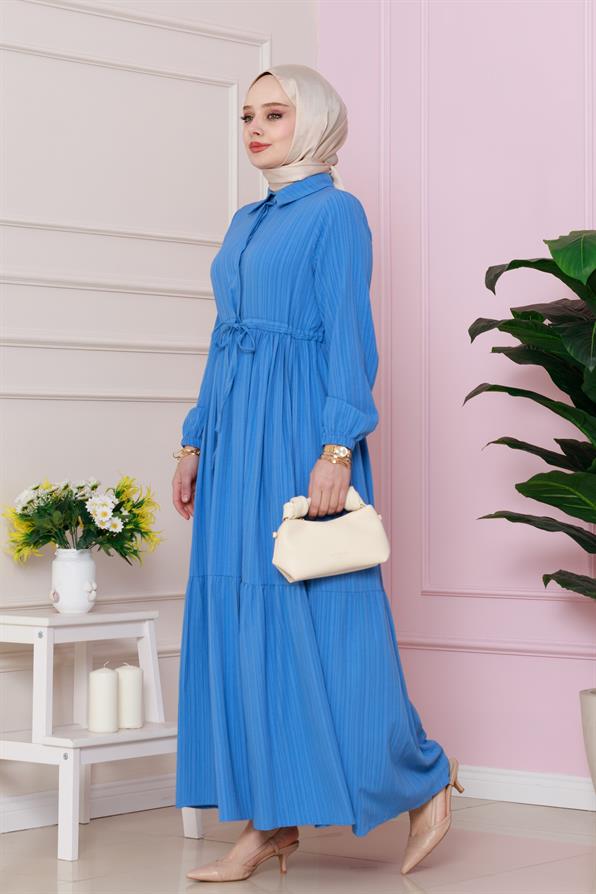 فستان بحزام على الخصر - لون أزرق