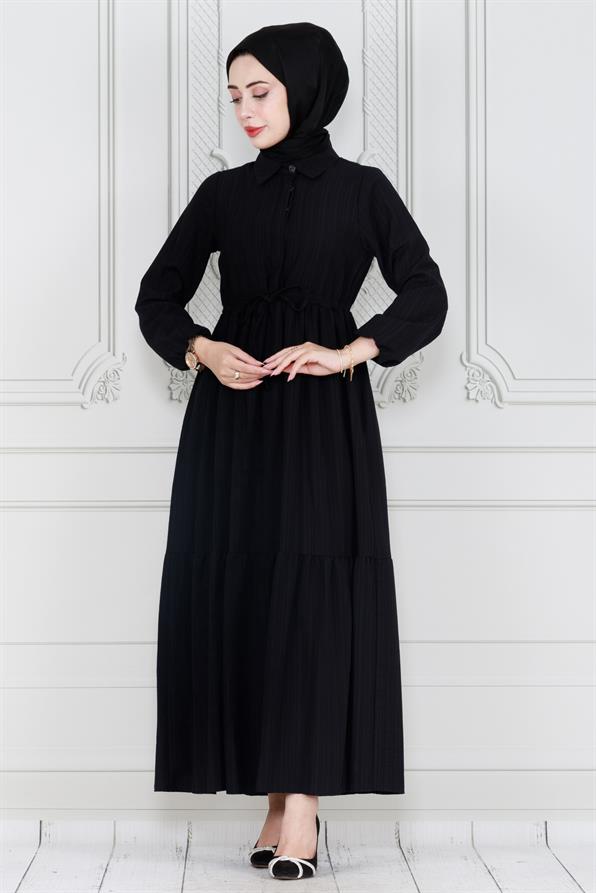 فستان بحزام - لون أسود