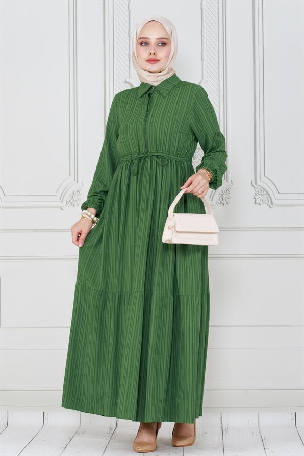 فستان  برقبة قميص وحزام نفق -  لون اخضر