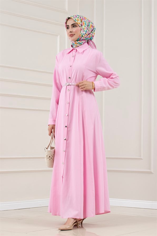 Gömlek Yaka Kemerli Berra Elbise-PEMBE
