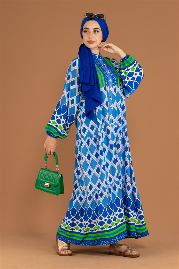 Judge Collar Patterned Viscose Dress-Blue
