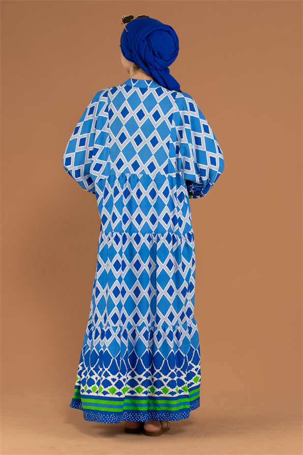Judge Collar Patterned Viscose Dress-Blue