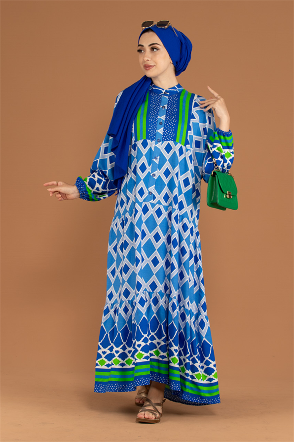 Judge Collar Patterned Viscose Dress-Blue