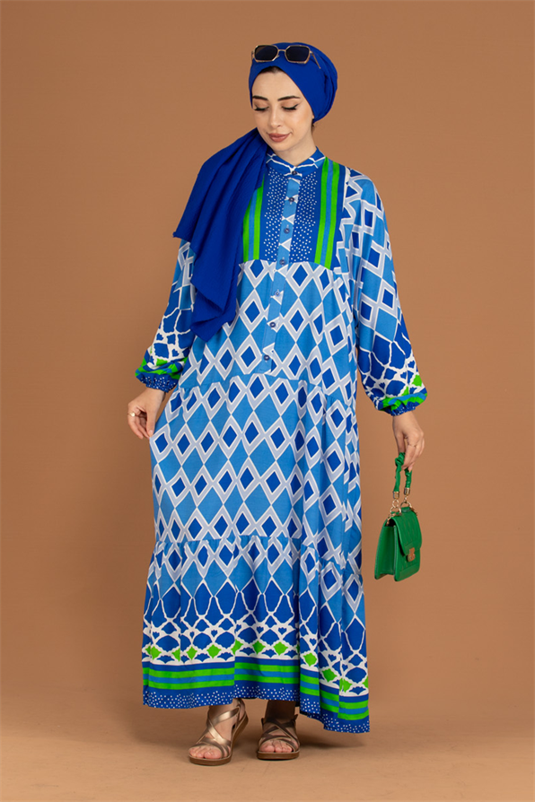 Judge Collar Patterned Viscose Dress-Blue