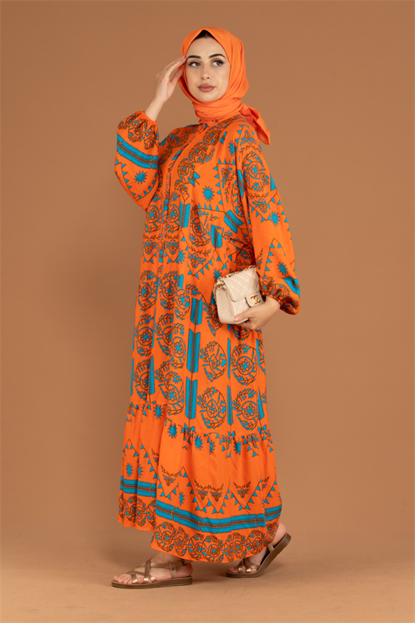 Judge Collar Patterned Viscose Dress-Orange