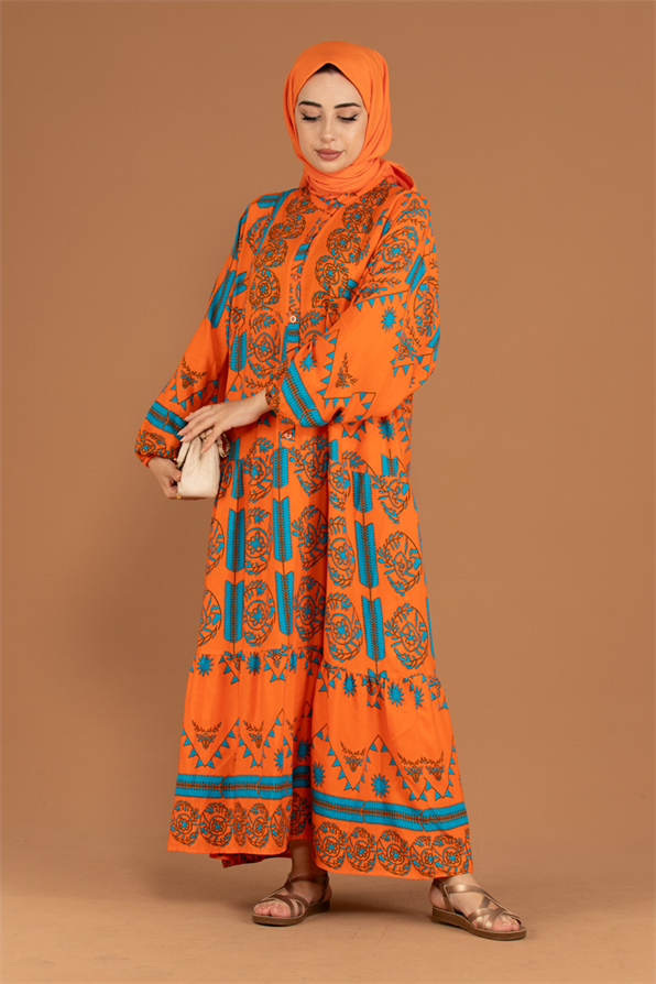 Judge Collar Patterned Viscose Dress-Orange
