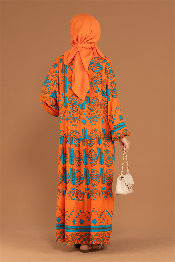 Judge Collar Patterned Viscose Dress-Orange