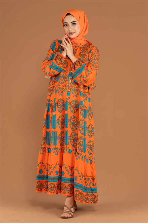 Judge Collar Patterned Viscose Dress-Orange
