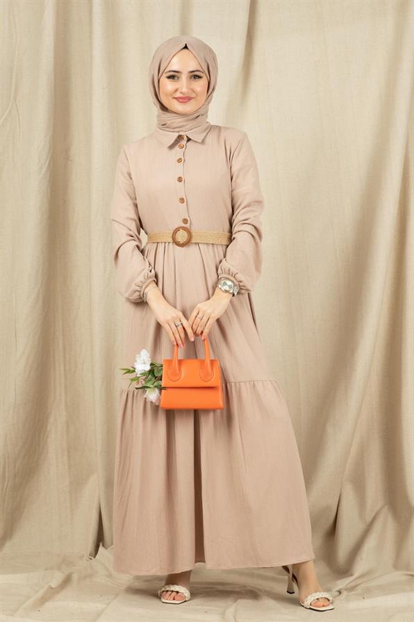Wicker Belt Dress-Beige