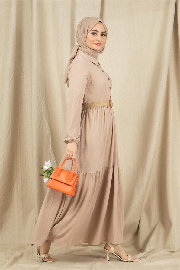 Wicker Belt Dress-Beige