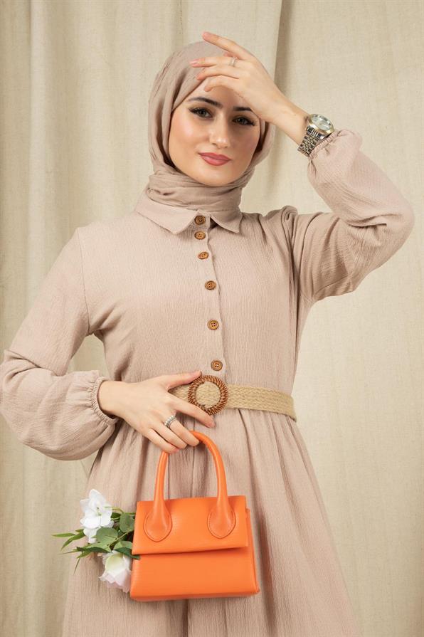 Wicker Belt Dress-Beige