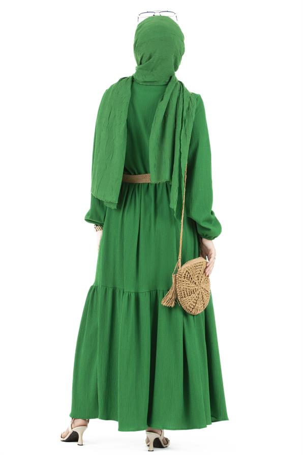 Hasır Kemerli Elbise-Benetton Yeşili