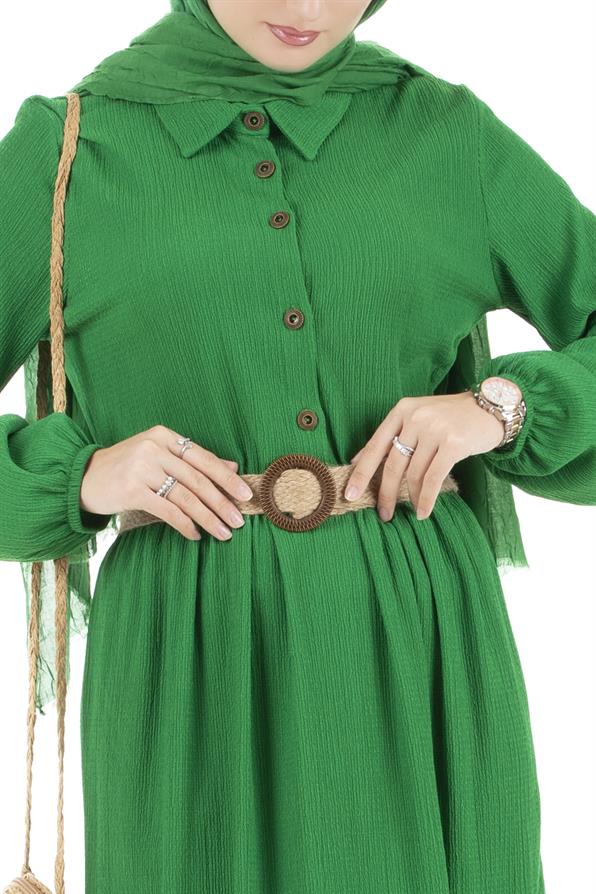 Hasır Kemerli Elbise-Benetton Yeşili