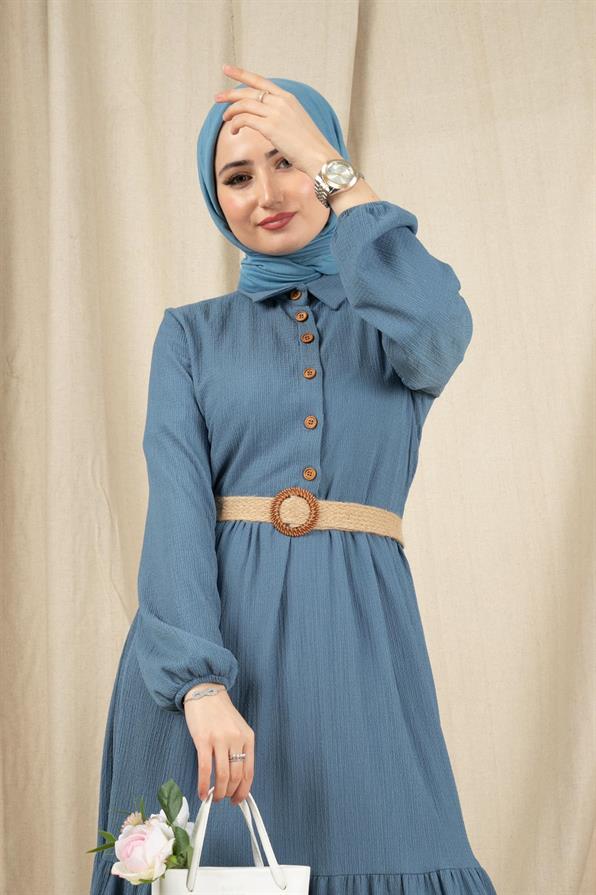 Wicker Belt Dress-Blue