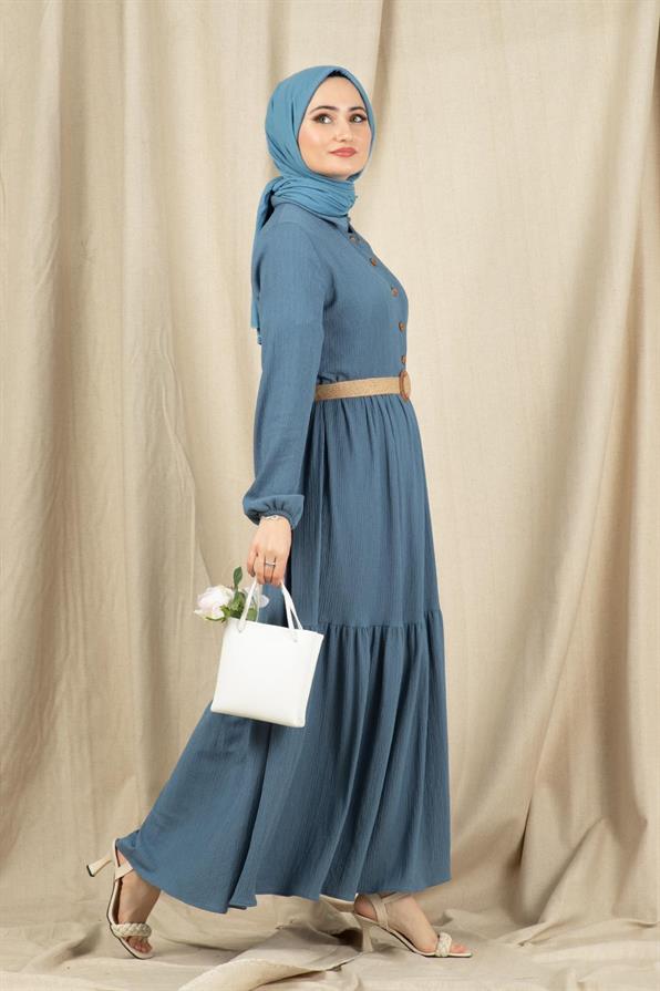 Wicker Belt Dress-Blue