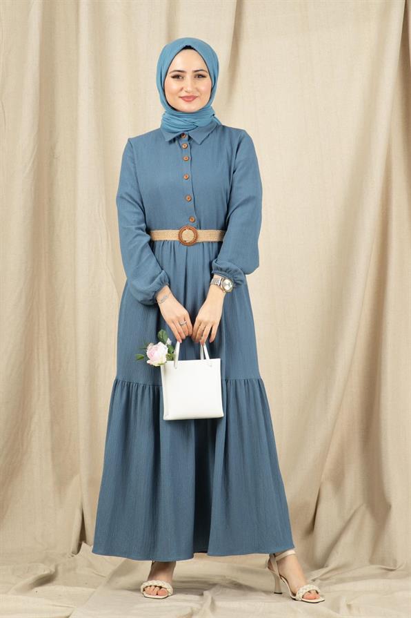 Wicker Belt Dress-Blue