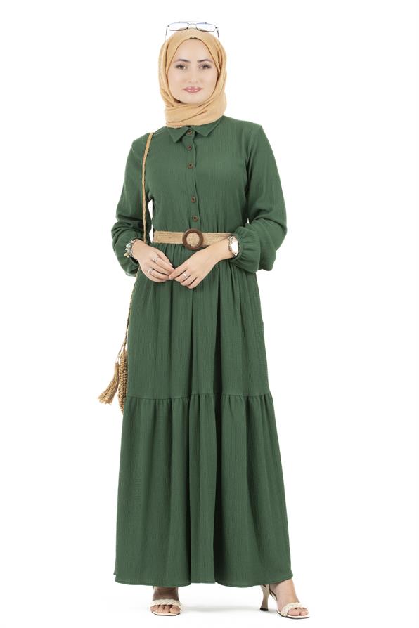 Hasır Kemerli Elbise-Zümrüt yeşili