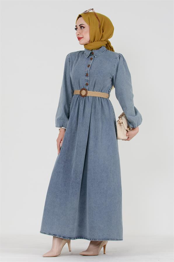Wicker Belted Denim Dress-Blue