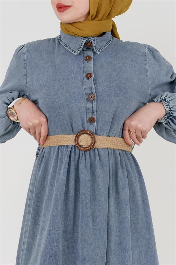 Wicker Belted Denim Dress-Blue