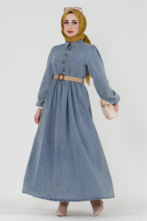 Wicker Belted Denim Dress-Blue