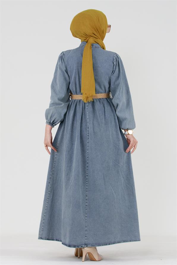Wicker Belted Denim Dress-Blue