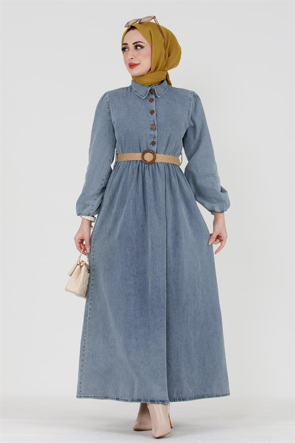 Wicker Belted Denim Dress-Blue