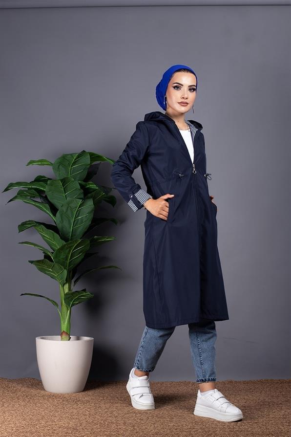 İçi Çizgili Trençkot-Lacivert