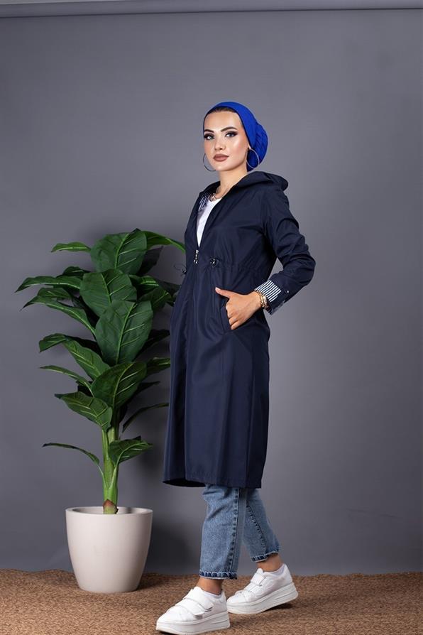 İçi Çizgili Trençkot-Lacivert