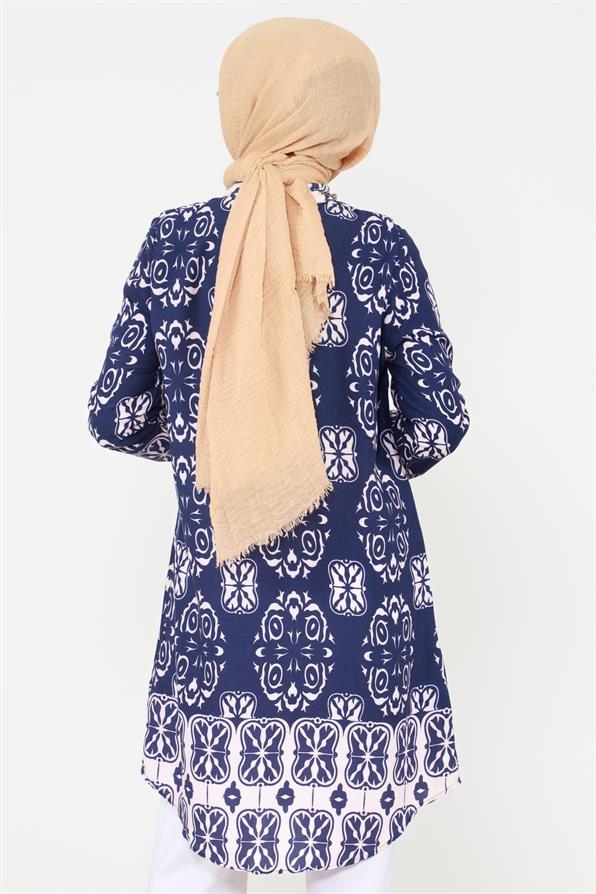 kat Patterned Viscose Tunic - Navy Blue